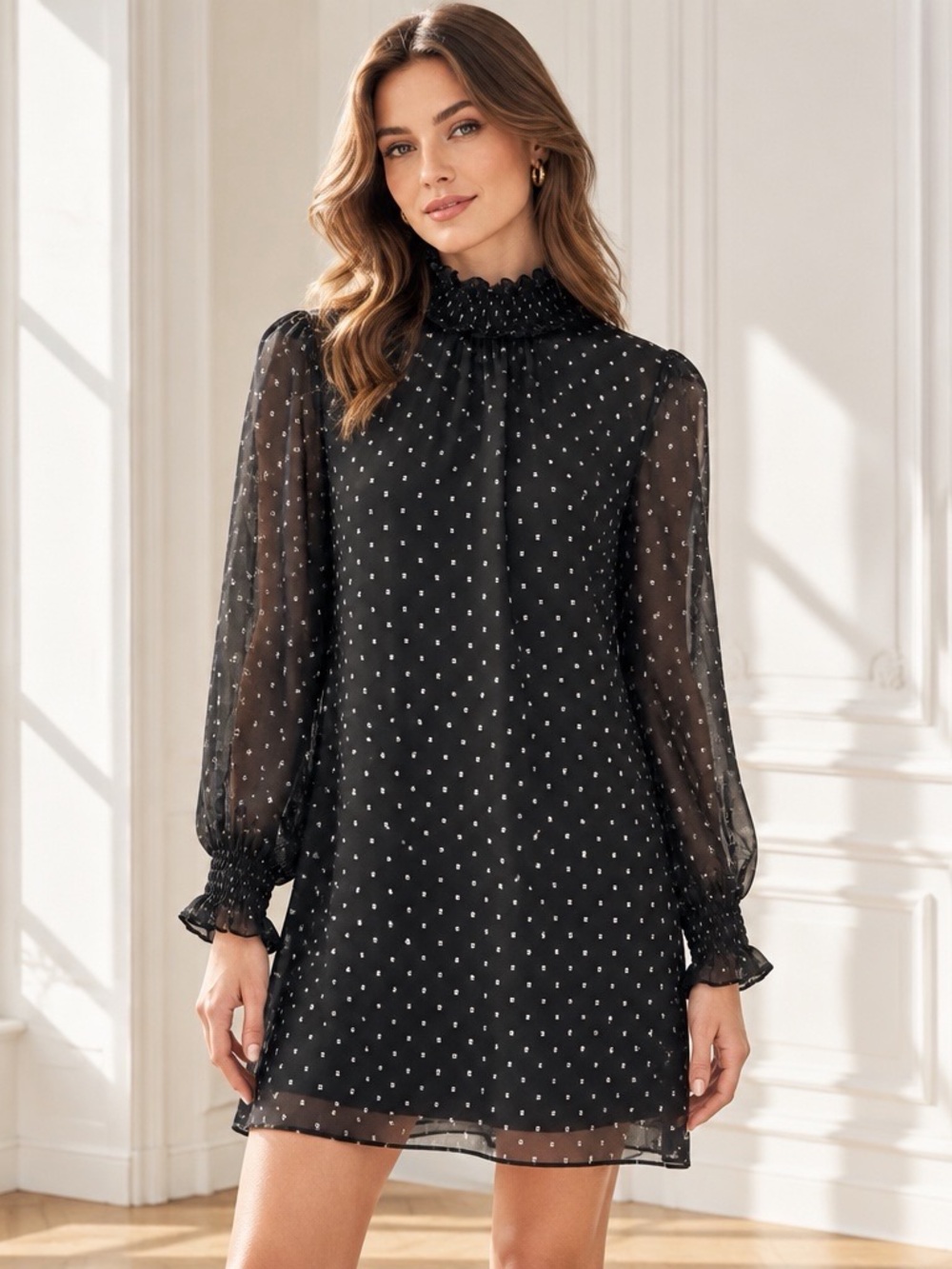 H&M Black Sheer Polka Dot Ruffle Neck Long Sleeve Mini Dress Size 0